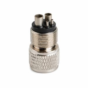 Metal circular multi-pin connector with a knurled coupling sleeve, showing pin holes on the top surface.