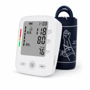 Digital blood pressure monitor with cuff; display shows 110 systolic, 80 diastolic, and 76 pulse (mmHg/kPa).