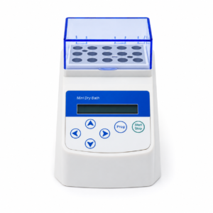 Mini Dry Bath incubator with blue lid open, showing a metal 16-well block and control panel below