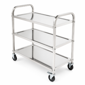 Stainless steel three-tier utility cart with wheels on a white background