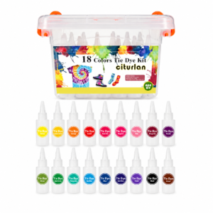18-color tie-dye kit with squeeze bottles and storage tub, labeled colors visible on bottles