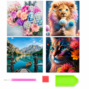 Collage de quatre estampes d'art : en haut à gauche, bouquet de fleurs roses, pêche et bleues sur fond bleu pâle.