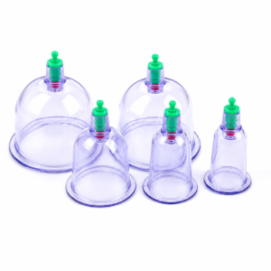 Set of five purple glass bell jars with green valve stoppers on a white background, arranged in a group.
