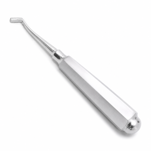 Outil dentaire en acier inoxydable avec une pointe incurvée et angulée, utilisé pour les extractions ou la palpation des dents.