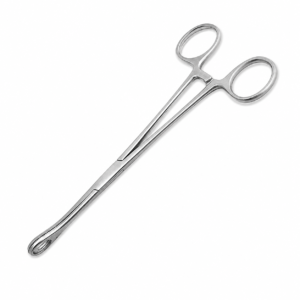 Long stainless steel surgical forceps with ring handles on a white background.