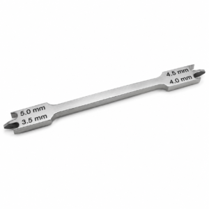 Double-ended metric wrench with four sizes: 3.5 mm and 5.0 mm on one end, 4.0 mm and 4.5 mm on the other end.