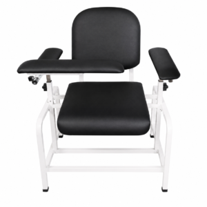 Medical examination chair with black padded seat, backrest, and armrests on a white metal frame.