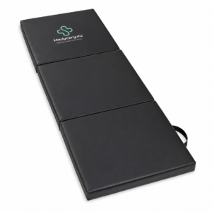 Tapis de sport/gym pliable noir à trois panneaux avec sangle de transport et logo Medyczny.eu sur le panneau supérieur (image de marque médicale).