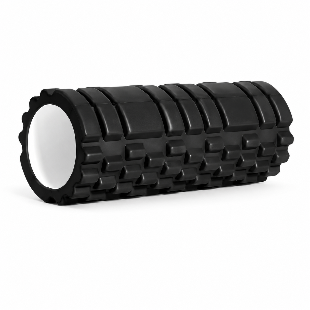 Rouleau en mousse texturé noir pour massage musculaire et relâchement myofascial sur fond blanc