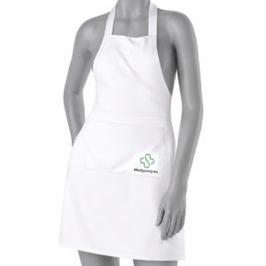 Tablier blanc avec sangle de cou et poche avant sur un mannequin gris ; présente un logo Medyczny.eu vert près de la poche.