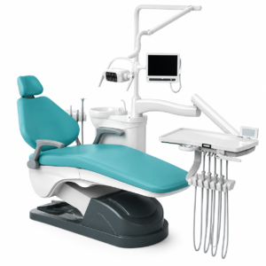 Fauteuil de clinique dentaire avec revêtement en tissu turquoise et outils dentaires et moniteur attachés, prêt pour le traitement des patients.